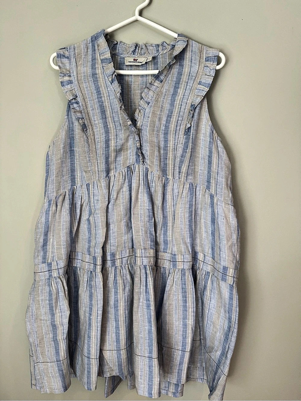 Vineyard Vines Blue Striped Ruffle Tiered Dress Size L